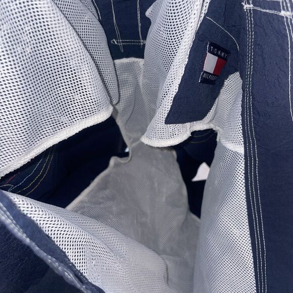 Vtg Tommy Hilfiger Men's L Board Shorts Swim Trunks Navy w. Stripe - Picture 6 of 7